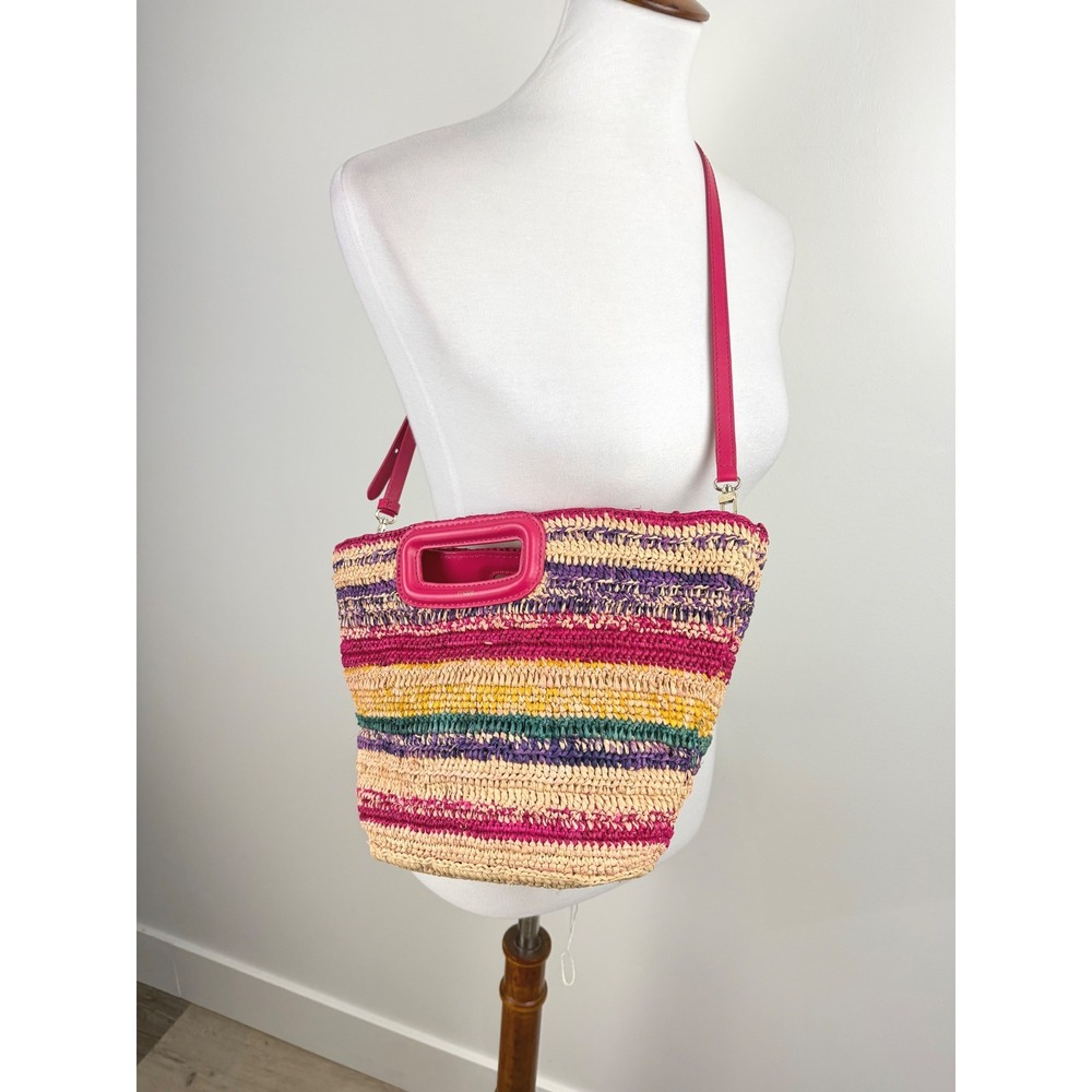 Maje Striped Straw Satchel Multicolor Stripe Pink Raffia Crossbody Euro Summer - Picture 2 of 16